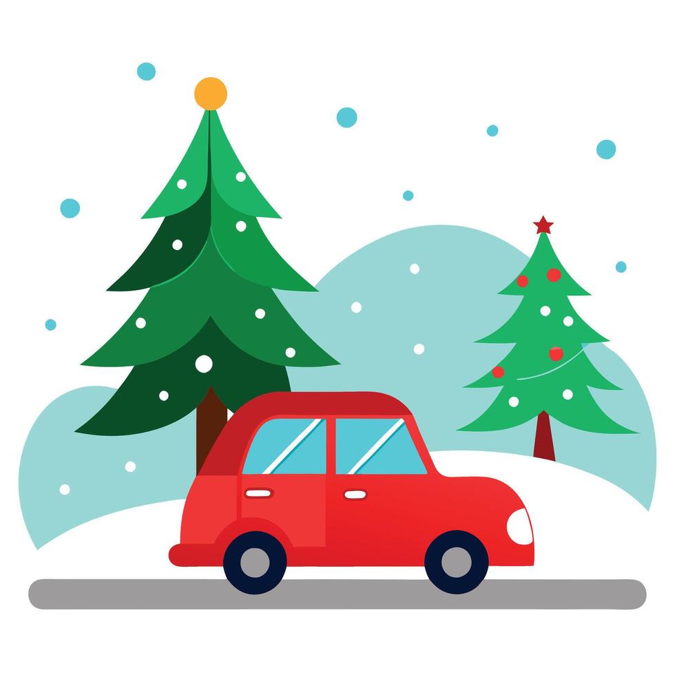 Images of red car transporting Christmas tree by the winter snowy country road vector