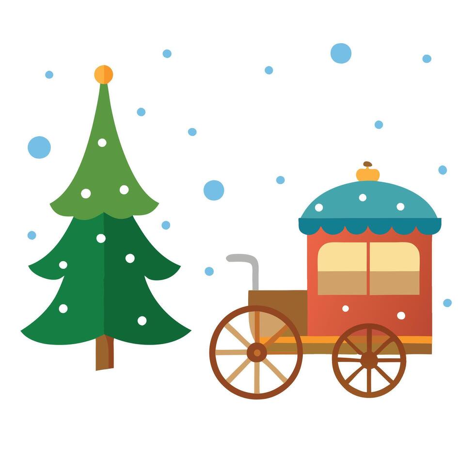 A carriage and christmas tree are covered in snow on the snowy ground vector