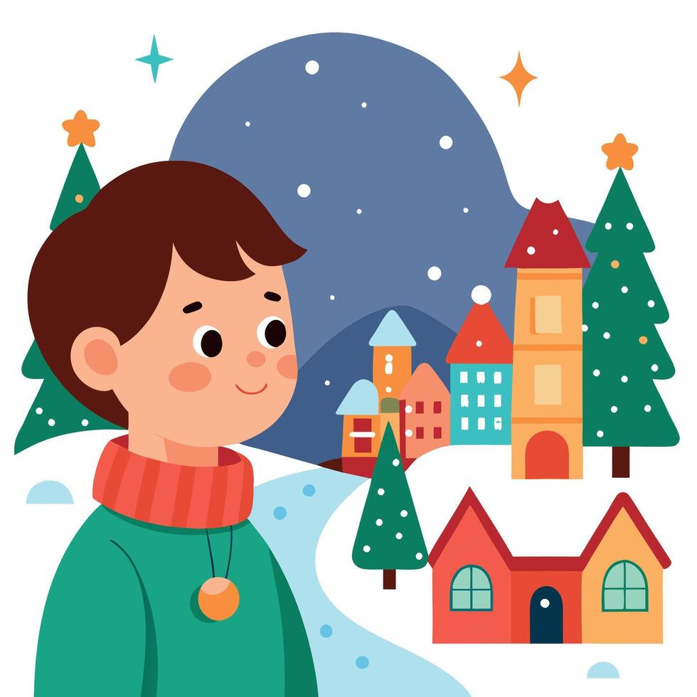 A child overlooking a festive Christmas village in winter. creation. vector