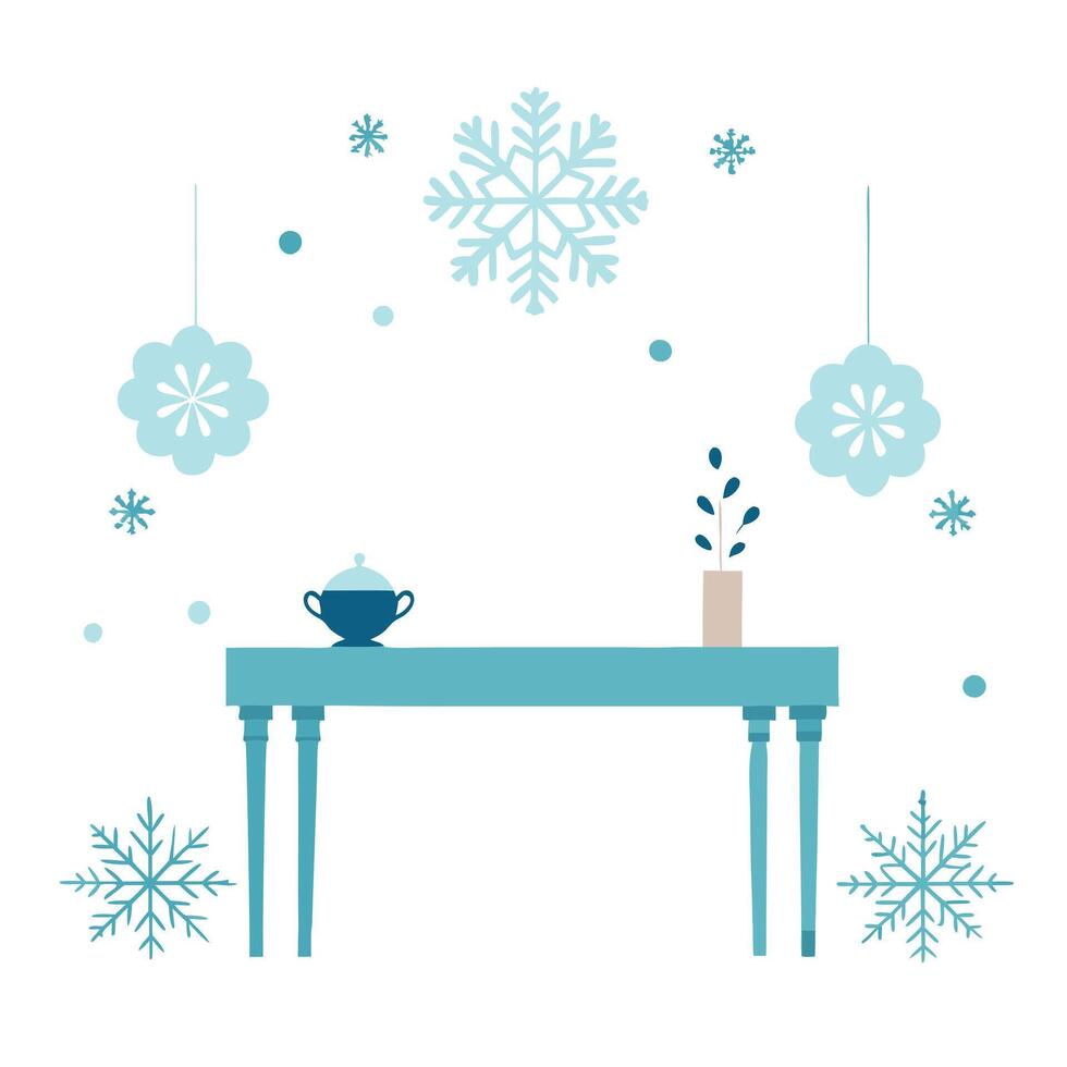 Winter white color decorations with snowflakes on a table. Minimal background with copy space. vector