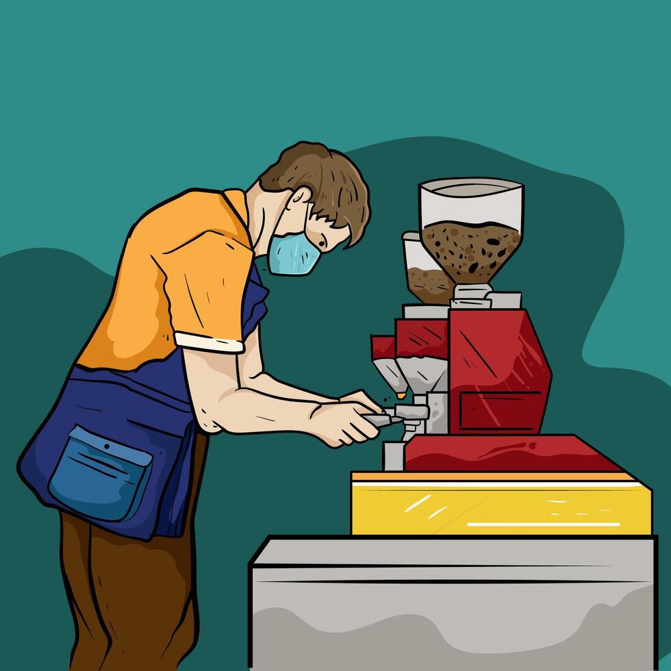 coffee barista or bartender man wearing apron standing whipped milk into the coffee mug. Coffee shop, coffee time and take away concept. people character illustration Cartoon minimal style. vector