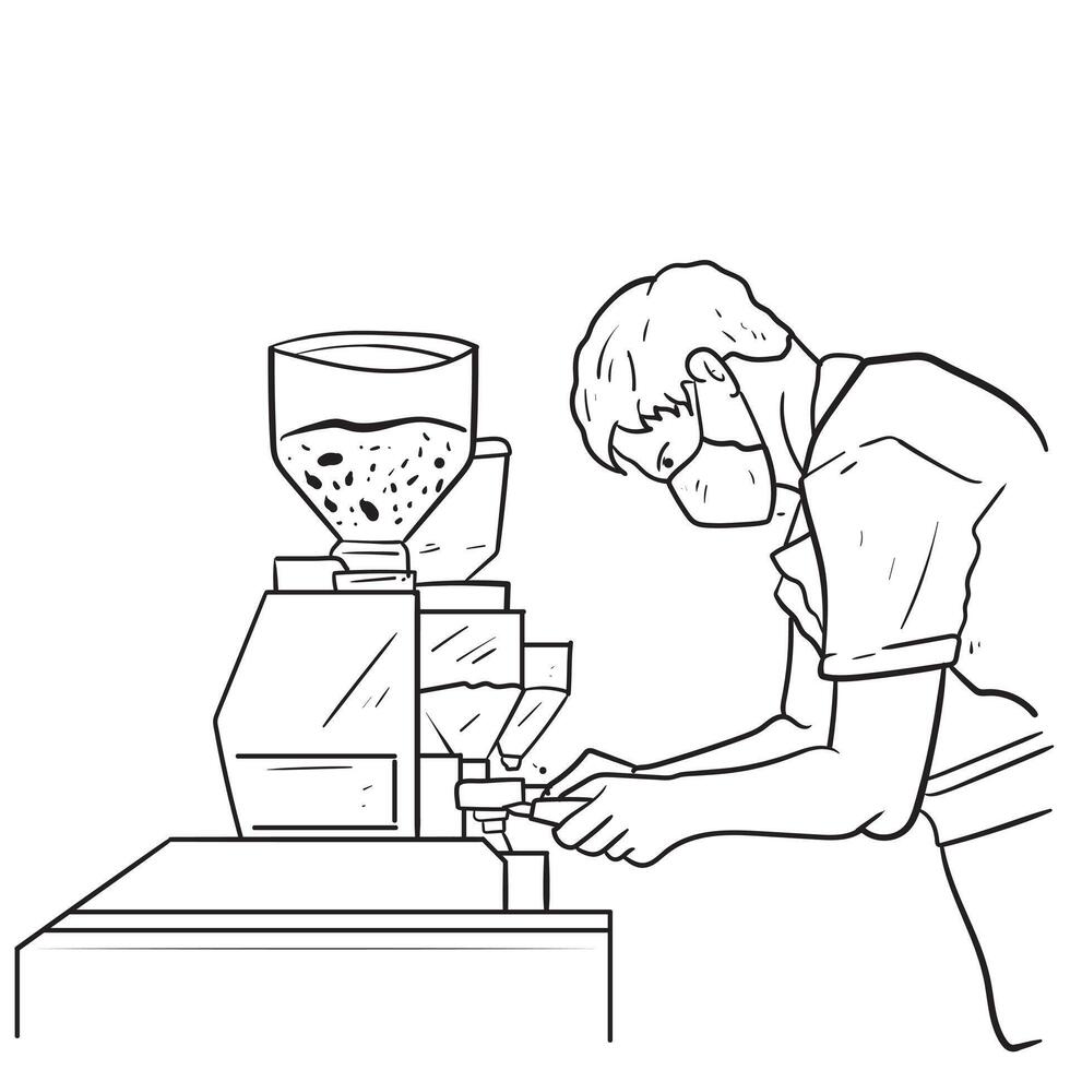 Line Hand drawn coffee barista or bartender man wearing apron standing whipped milk into the coffee mug. Coffee shop, coffee time and take away concept. vector