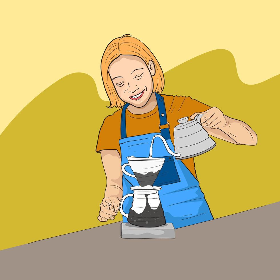 coffee barista or bartender girl wearing apron standing manual brew coffee mug. Coffee shop, coffee time and take away concept. people character illustration Cartoon minimal style. vector