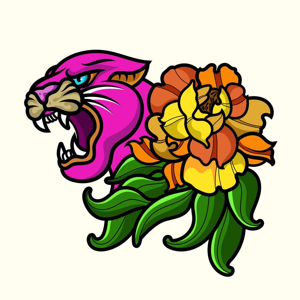Purple panther tattoo and flower design element old school tattoo mascot icon wild animal Tshirt, Apparel. vector