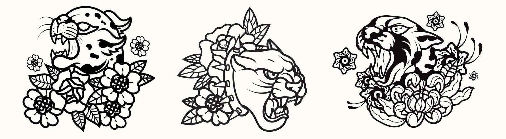 Set of Traditional Line panther tattoo vintage and flower illustration surreal illustration, badges, print for t-shirt. vector