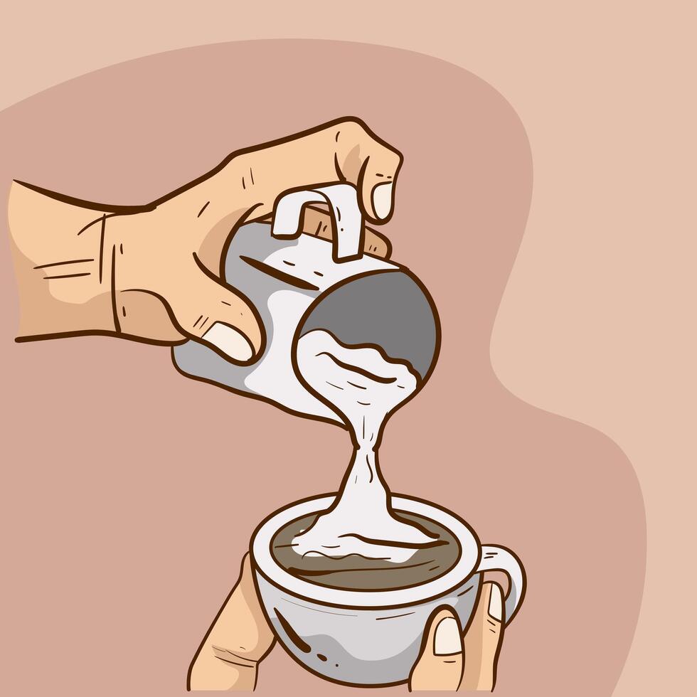Hand drawn American Coffee Bartender pouring creamer into coffee illustration vector