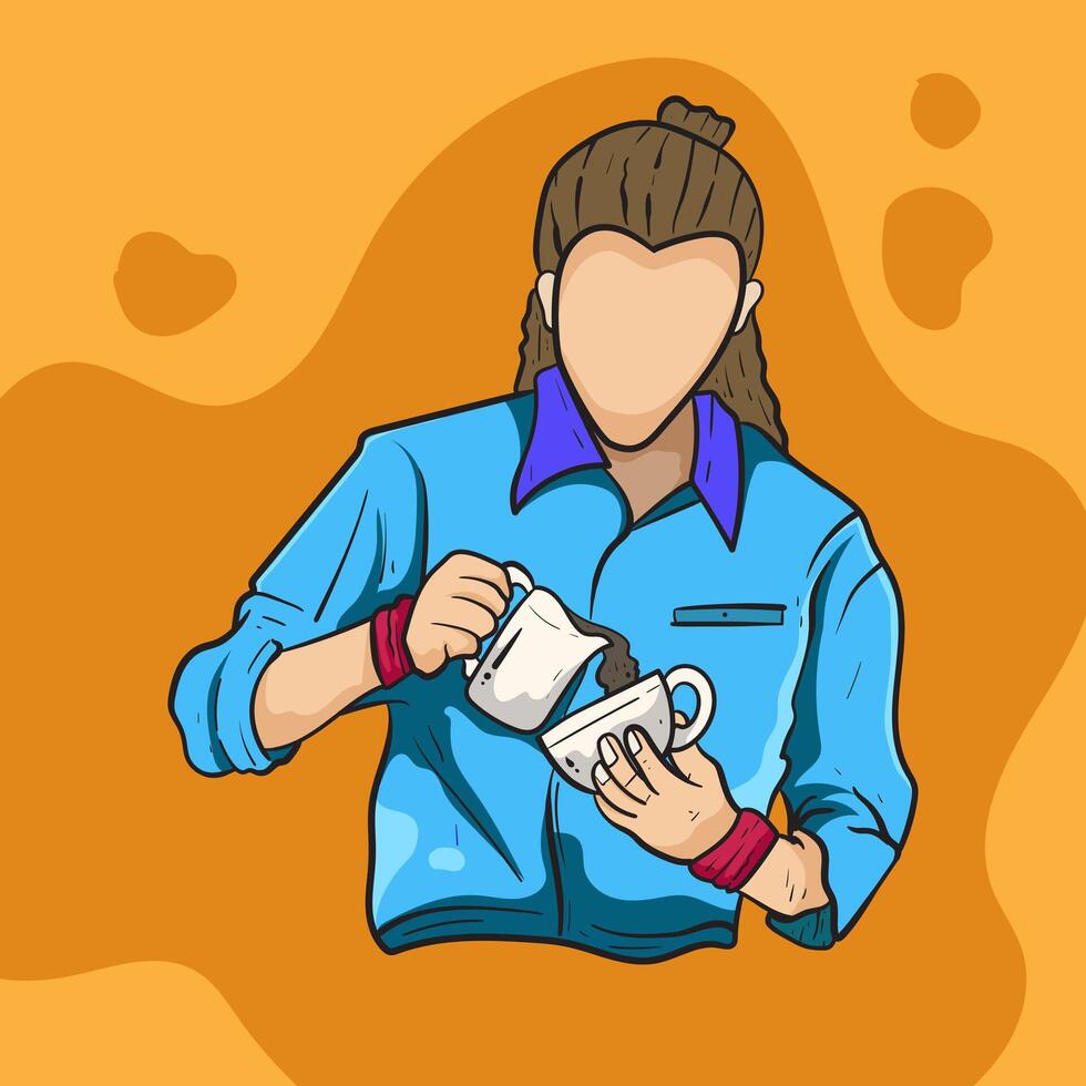 coffee barista or bartender man wearing apron standing whipped milk into the coffee mug. Coffee shop, coffee time and take away concept. people character illustration Cartoon minimal style. vector