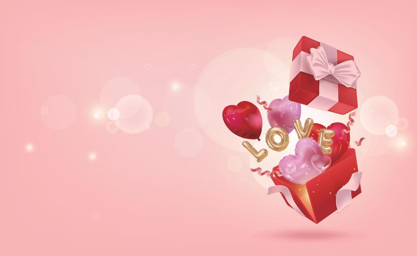 Pink background, open gift flying with red and pink heart balloons and LOVE letters, suitable for Valentine's Day, Mother's Day, etc. vector