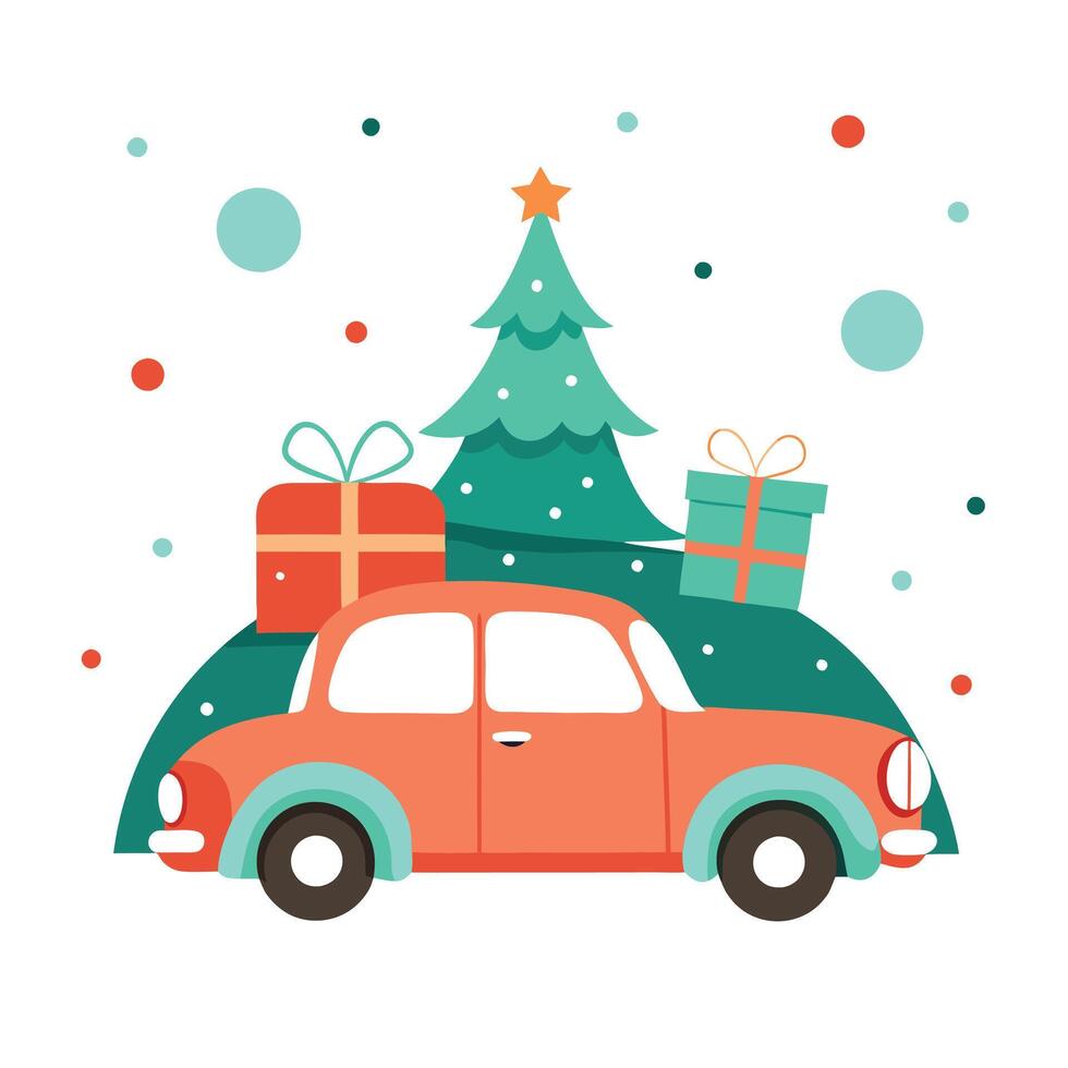 Candy festive holiday retro winter car merry christmas gift snow. vector