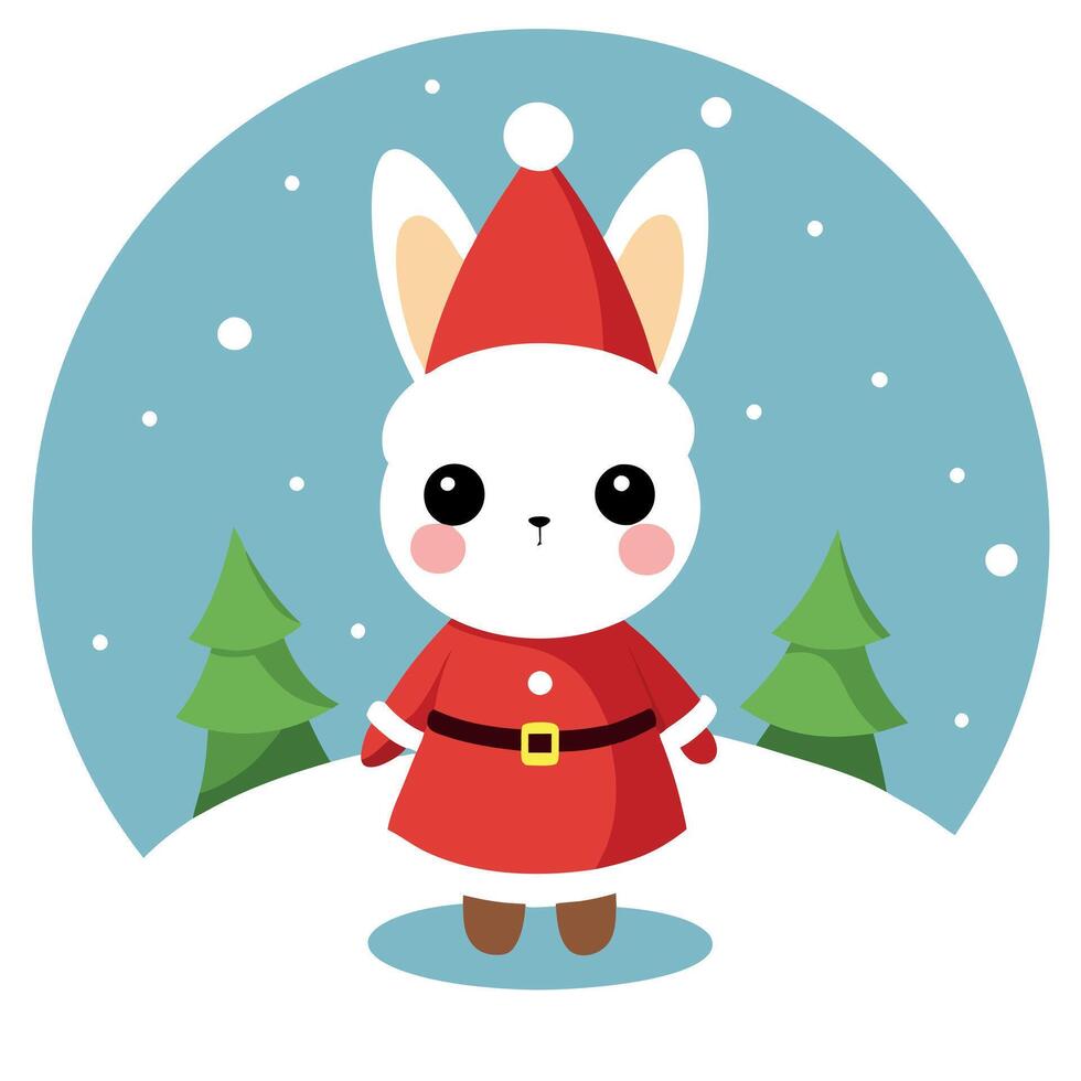 Little tiny bunny dressed up as Santa claus on snowing and christmas tree background. vector