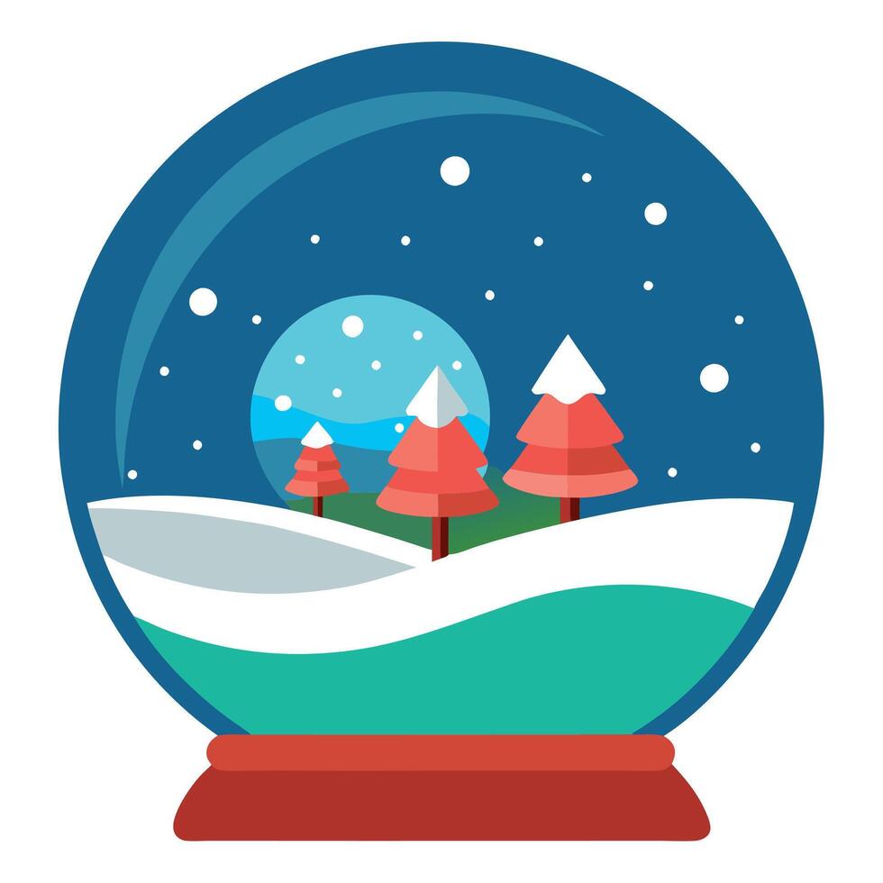 Festive Christmas ornament in sparkling snow globe with tiny landscape inside. illustration vector