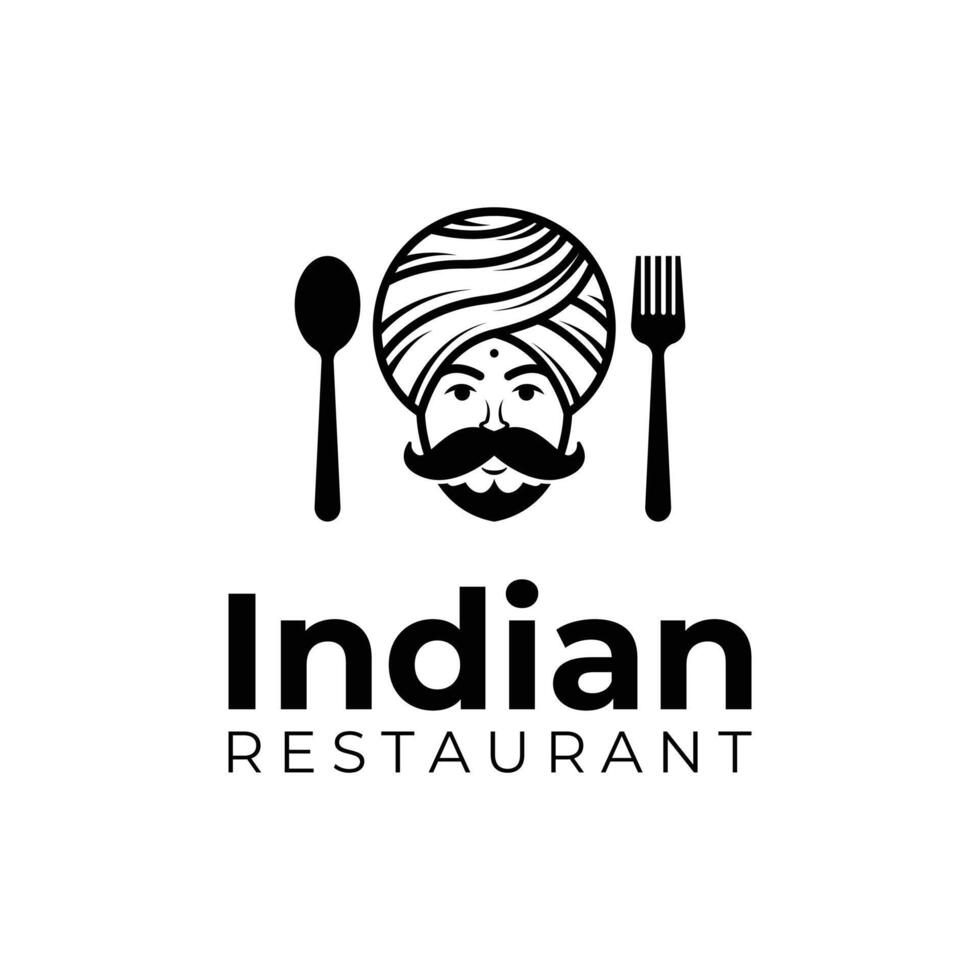 Turban fork and spoon with mustache indian food restaurant logo design concept idea vector