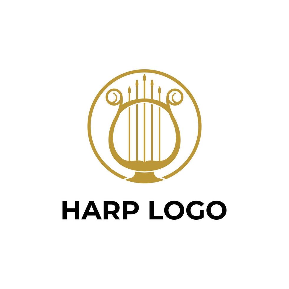 lyre harp logo design concept golden with label circle vector