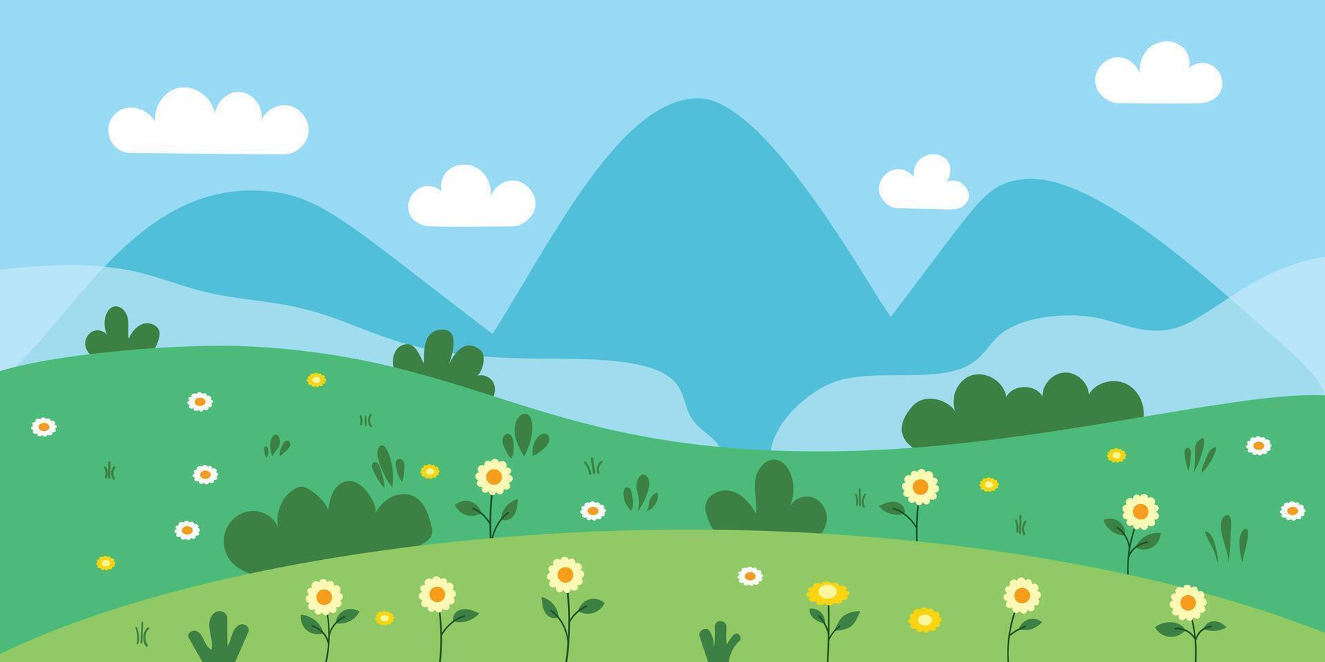 Bushes and mountains landscape icon in flat style. Spring green hills illustration on isolated background. Nature with flowers and plants sign business concept. vector