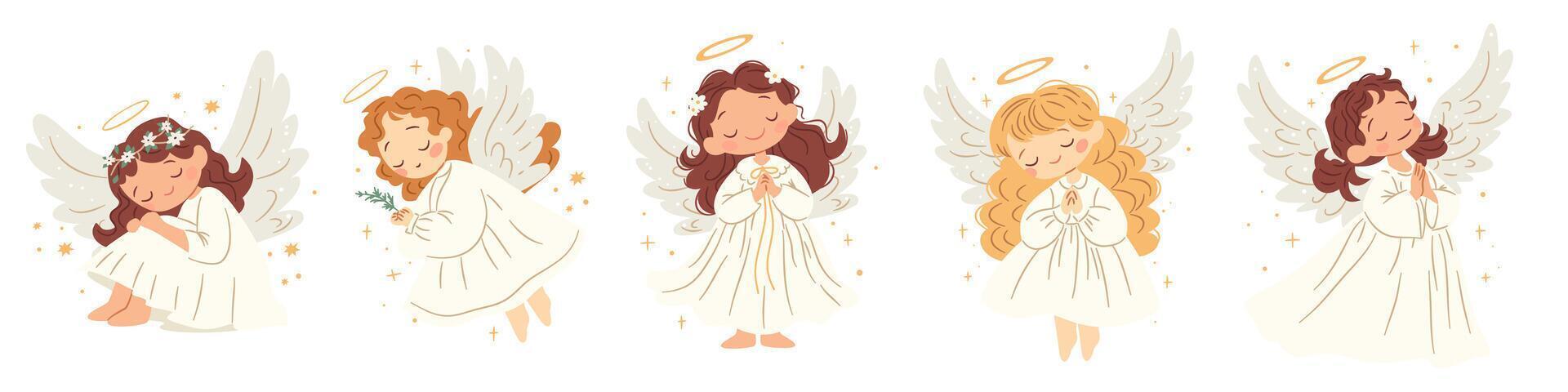 A set of cute illustrations in children's style. Cute angels on white background with wings vector