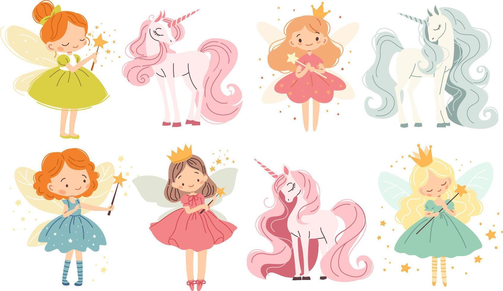 Set of flat illustrations in children's style. Cute fairies and unicorns with magic wands on white background vector