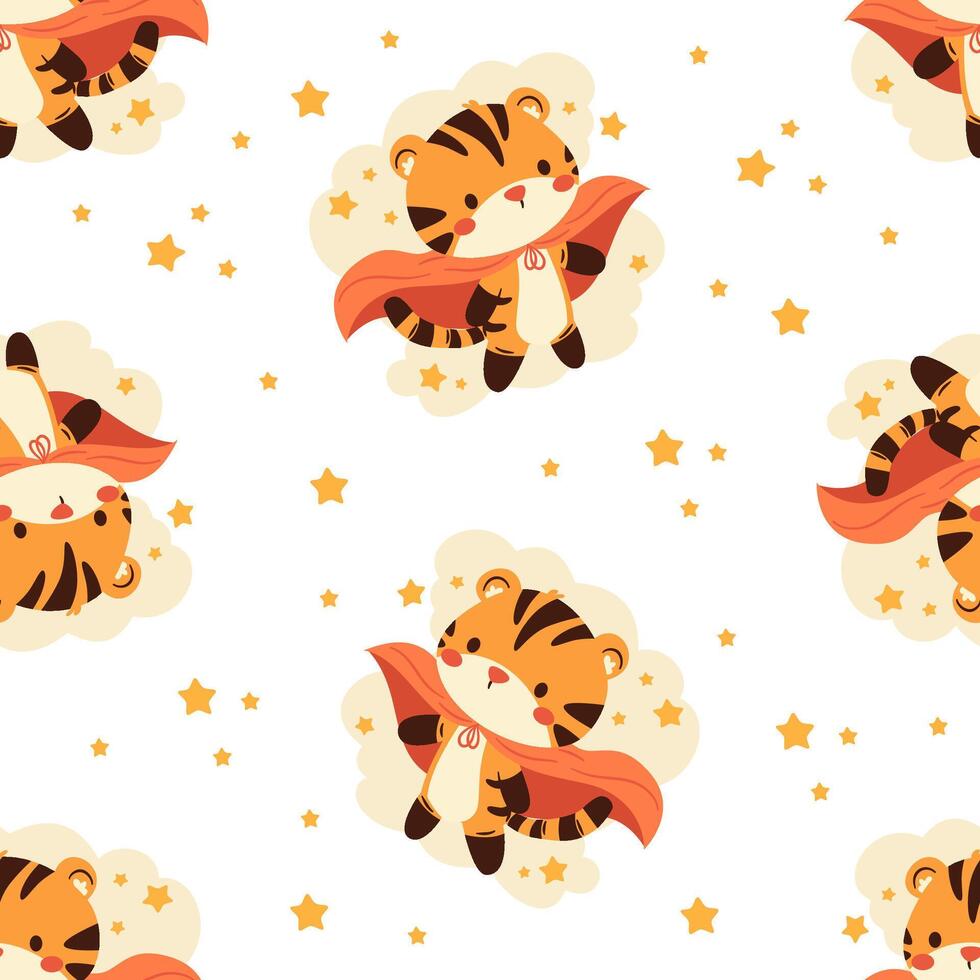 Seamless pattern in child style on white background. Cute tiger cub in superhero cape, clouds and stars vector