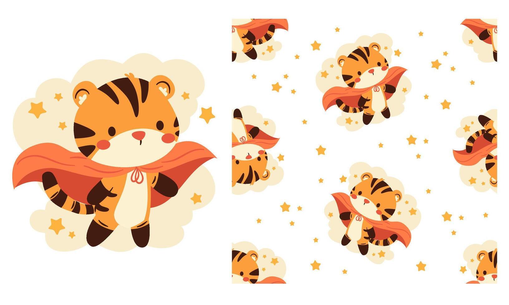 Collection of prints for printing on children's products. Cute tiger cub in superhero cape, clouds and stars on white background. Seamless pattern vector