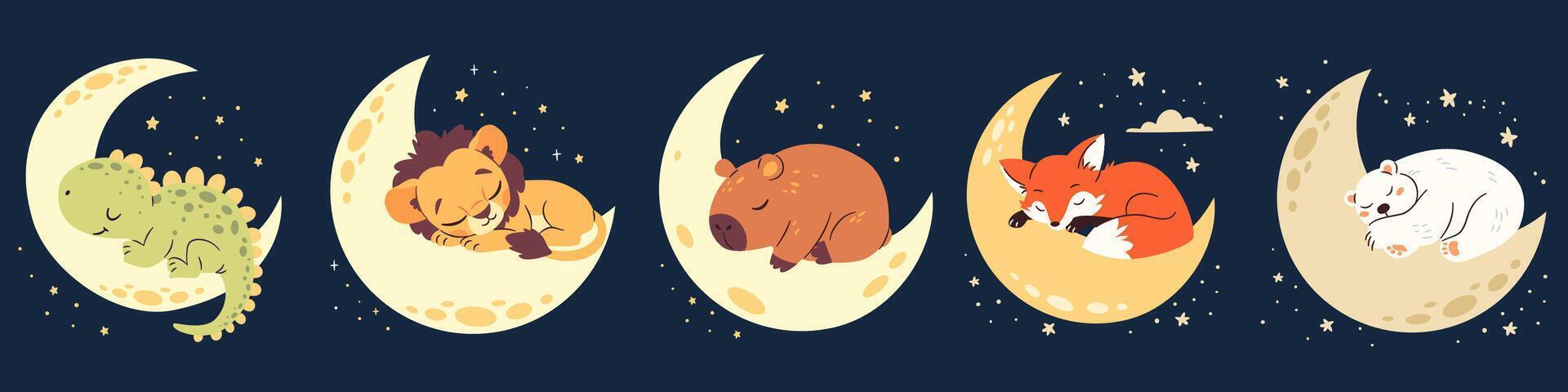 A set of cute illustrations in a childish style. Cute newborn animals sleeping on the moon, night and stars. Lion capybara fox polar bear dinosaur mouse vector