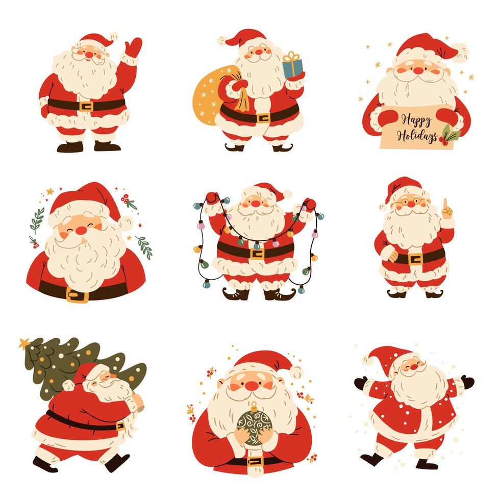 A set of flat Christmas illustrations. Cute Santa Clauses in different poses vector