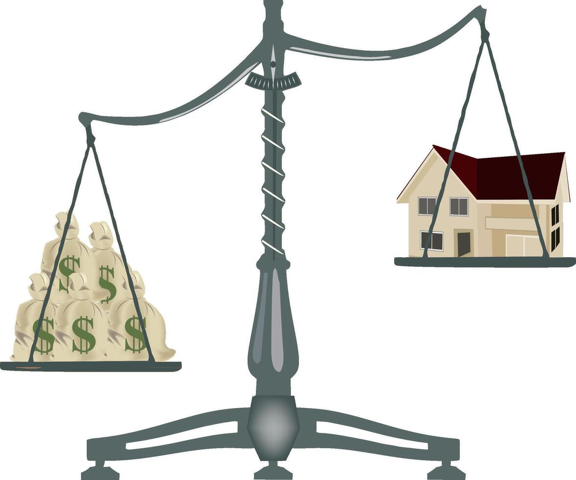 Scale comparing money bags and house, balancing real estate investment vector