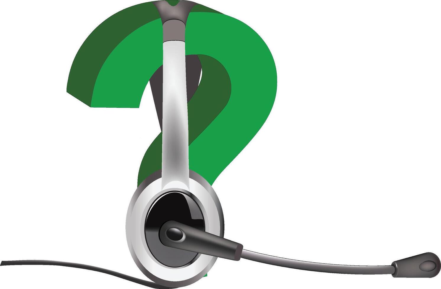 Headset resting on a green question mark symbol, solving problems and providing support vector