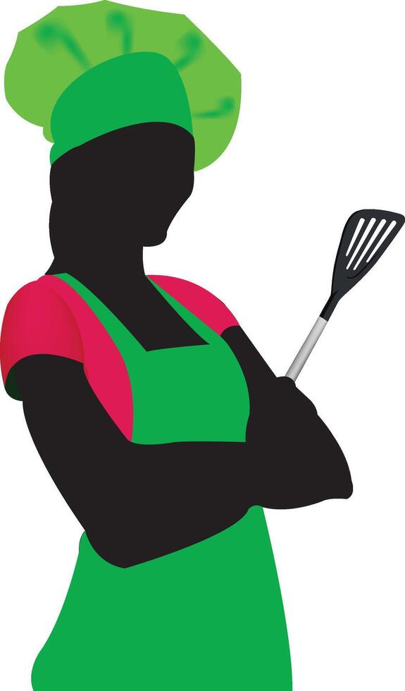 Female chef silhouette holding spatula, ready to cook vector