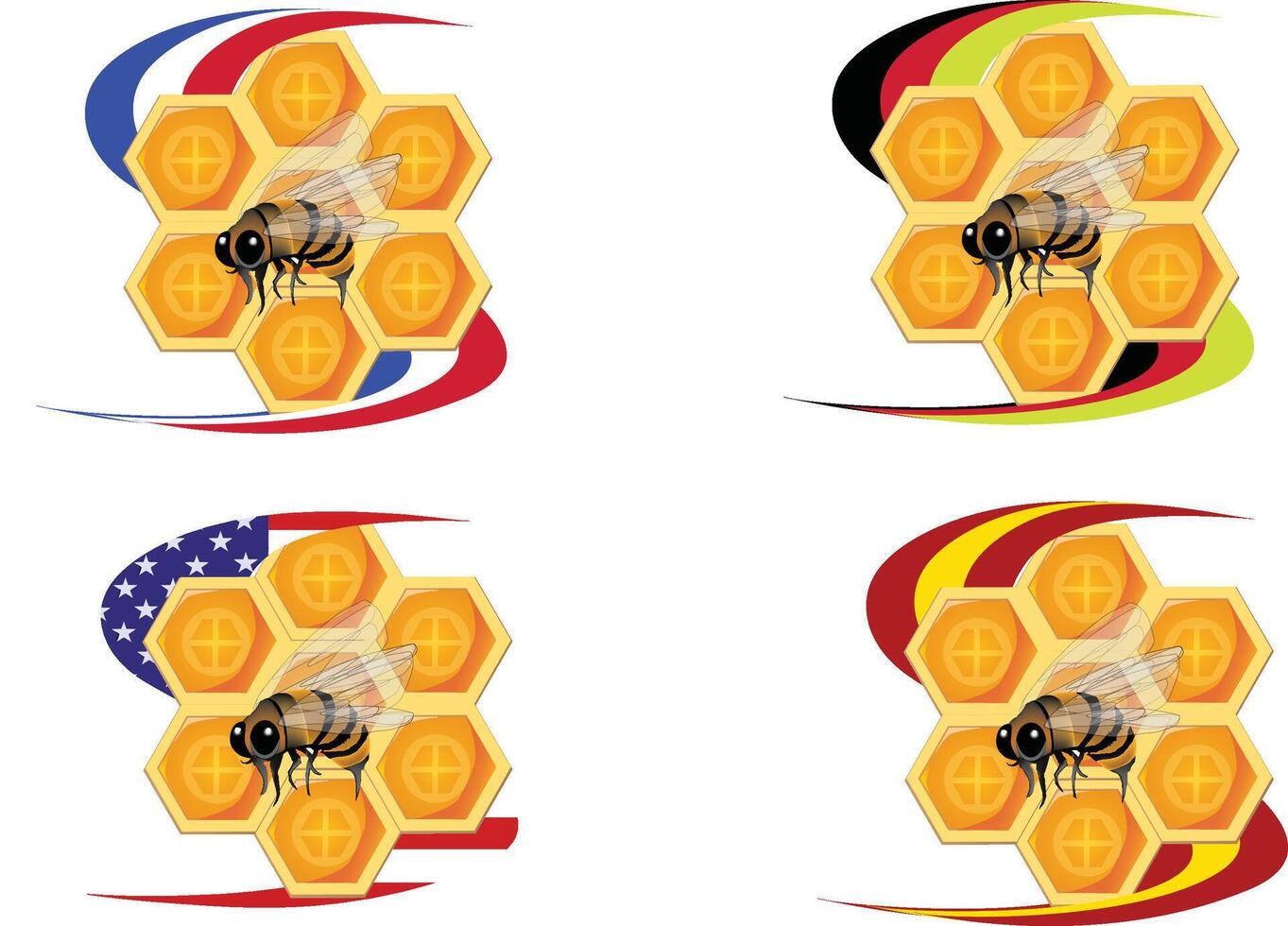 Bees flying over honeycombs with national flags, united states, germany, belgium, netherlands vector