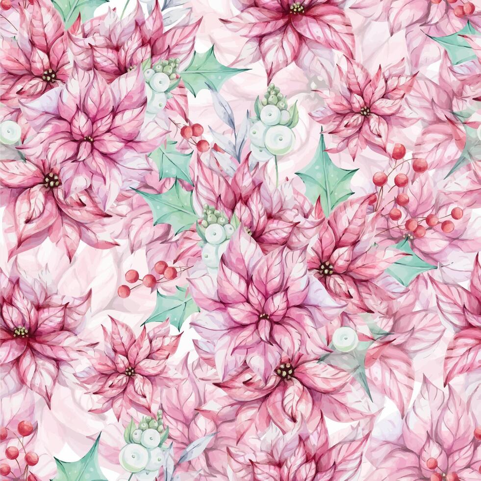 Christmas watercolor seamless pattern - Red poinsettia flowers bouquet, compositions with holly green leaves and mistletoe, red berries. Winter composition, decor. December nature. Illustration foe wallpaper, background, printing, fabric. clip art vector