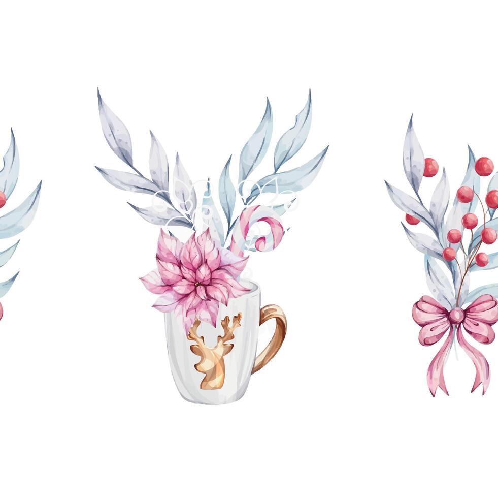 Watercolor Christmas white mug with gold reindeer with openwork snowflake. Candy cane, poinsettia flower. Bouquet with holly blue leaves and red berries with bow. Winter composition, decor in retro style. clip art vector