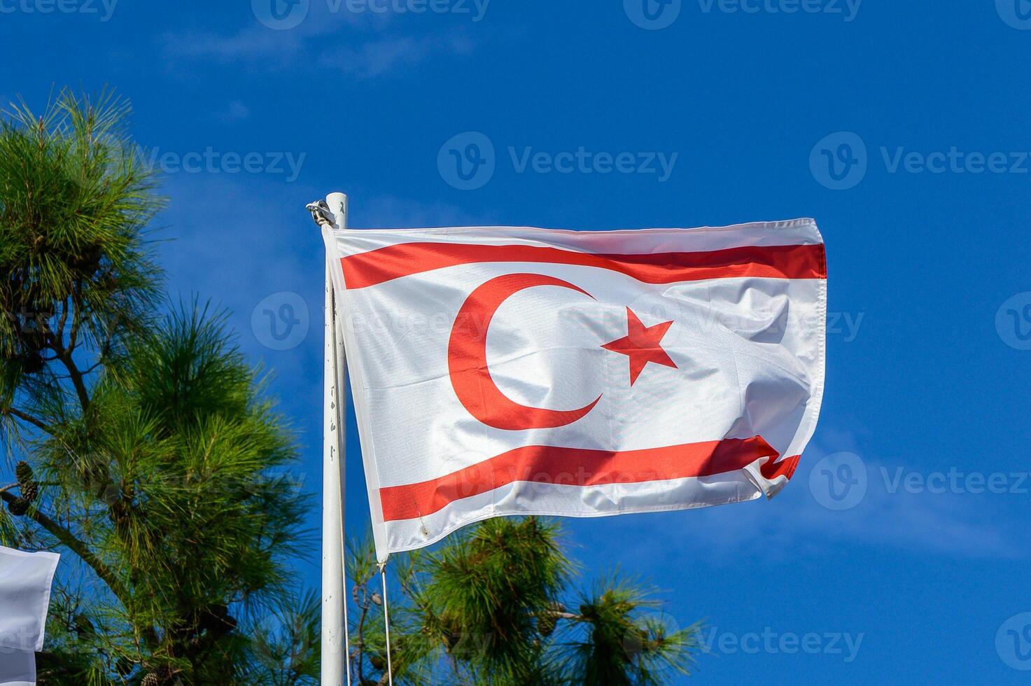 The vibrant flag of Northern Cyprus waving proudly against a brilliant blue sky, surrounded by lush greenery on a sunny day photo