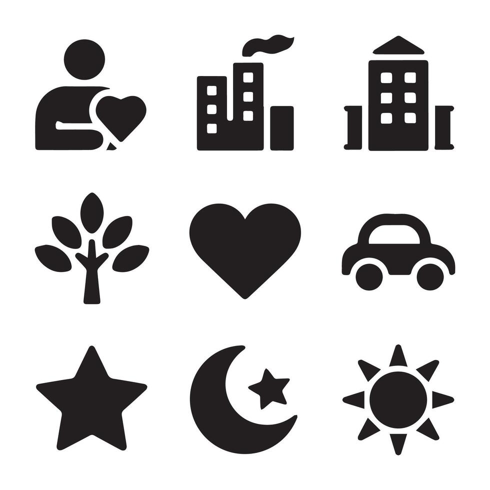A silhouette image of a Black Filled Icons Set with a white background vector