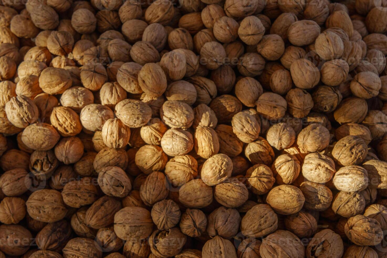 Many walnut brown nuts in shell on the market background pattern photo