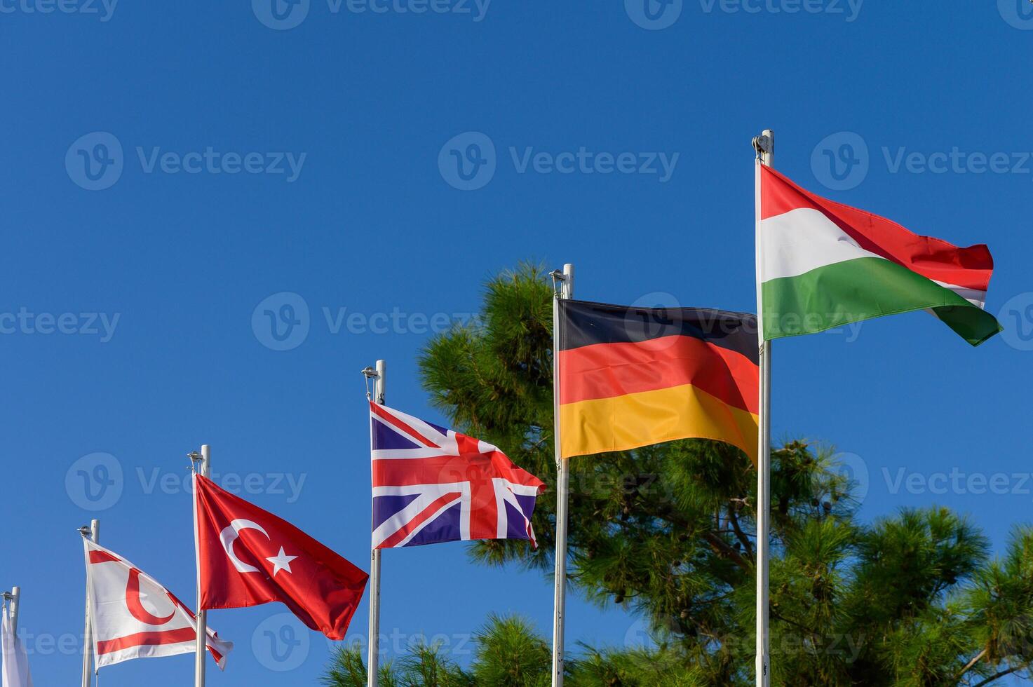 Colorful flags of various nations fluttering under a clear blue sky in a serene outdoor setting, showcasing international unity and diversity photo