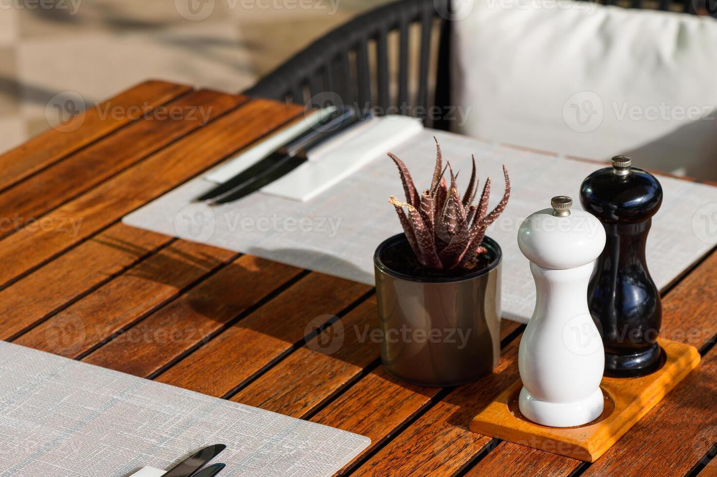 A beautifully arranged table setting with elegant utensils and a decorative plant in a serene outdoor dining atmosphere photo