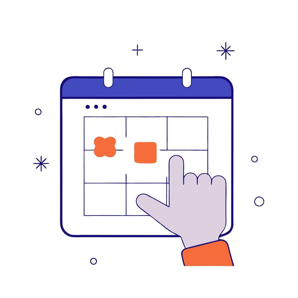 A hand is pointing to a calendar with squares on it vector