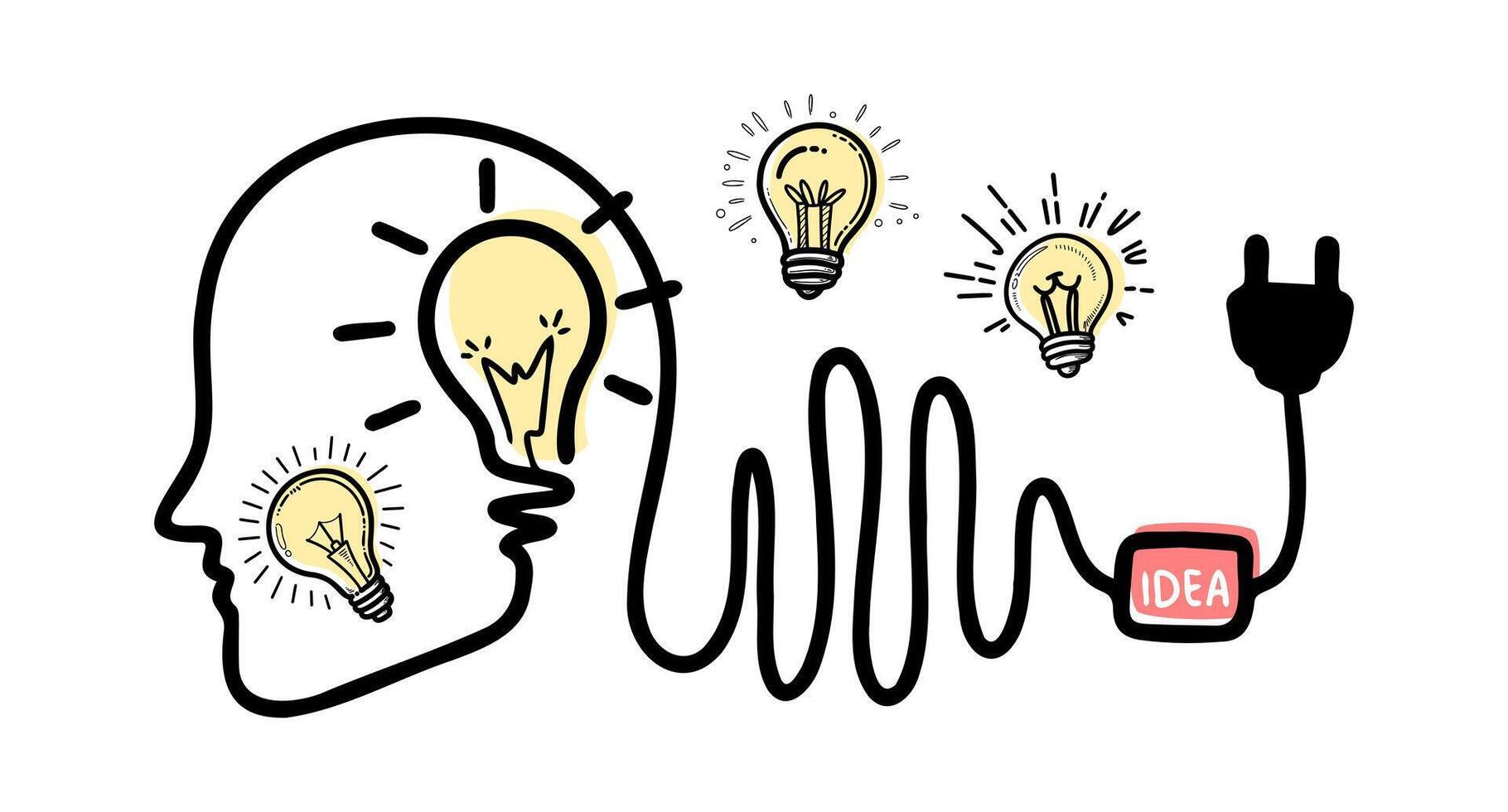 Creative concept of a minimalistic human head with a light bulb and plug symbolizing the flow of ideas and inspiration in a digital age vector