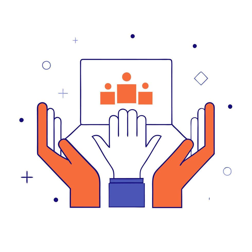 Hands holding a laptop with a group of people on it vector
