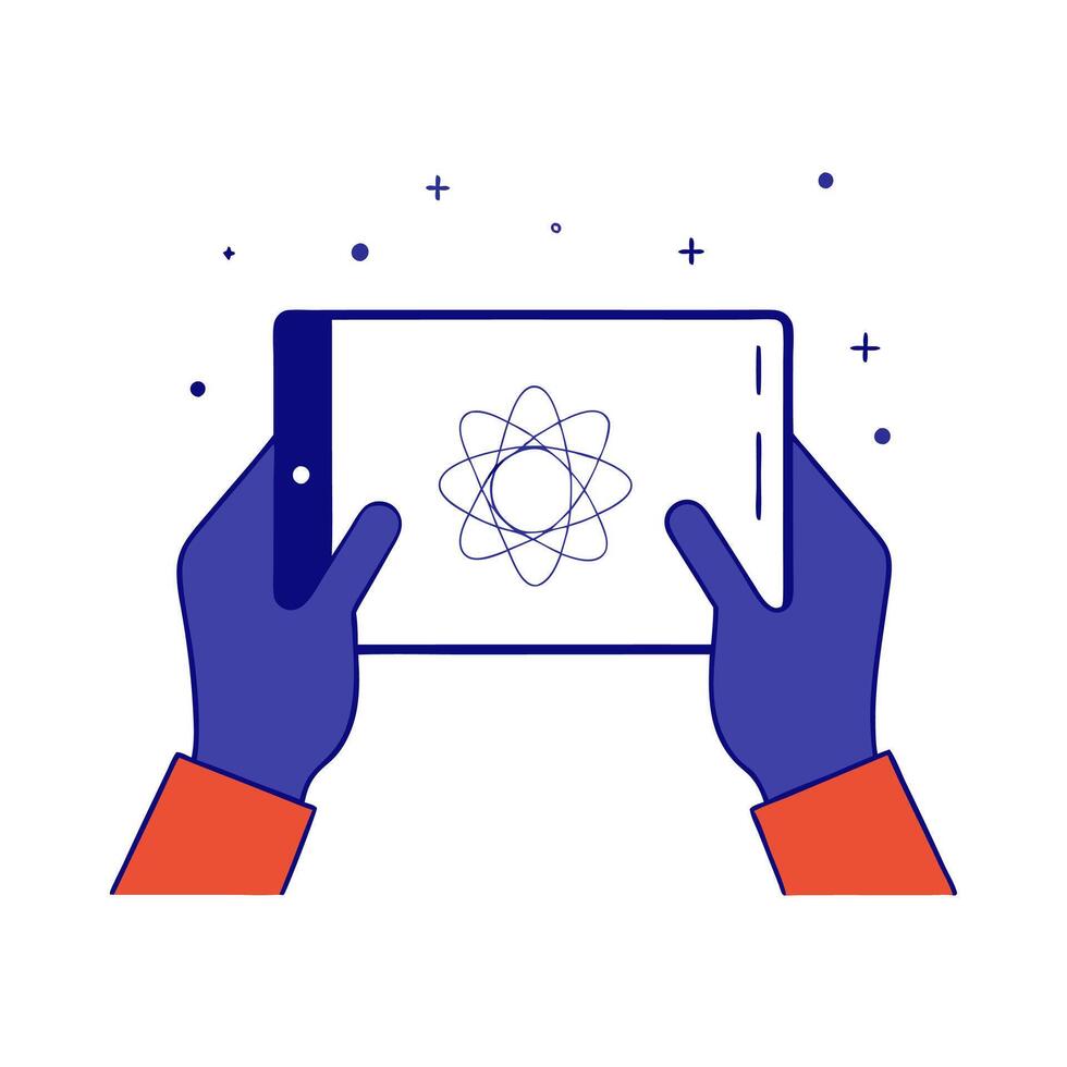 Hands holding a tablet with an atom symbol on it vector