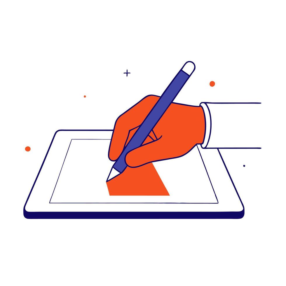A hand holding a pen and writing on a tablet vector