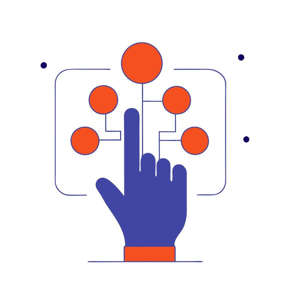 A hand pointing to a map with dots on it vector