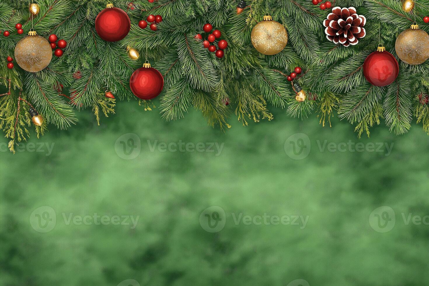 Colorful ornaments and pine branches adorn the scene, bringing festive cheer to the holiday season photo