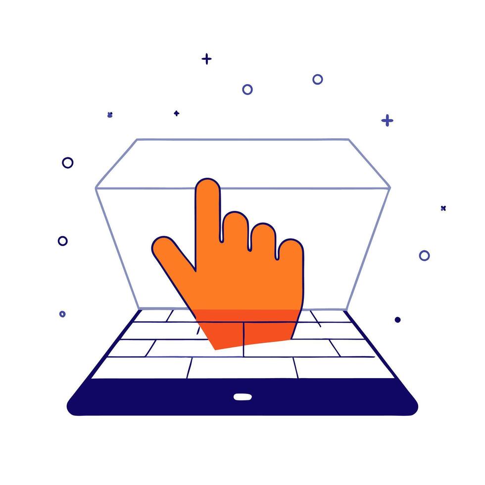 An orange hand is touching a laptop screen vector