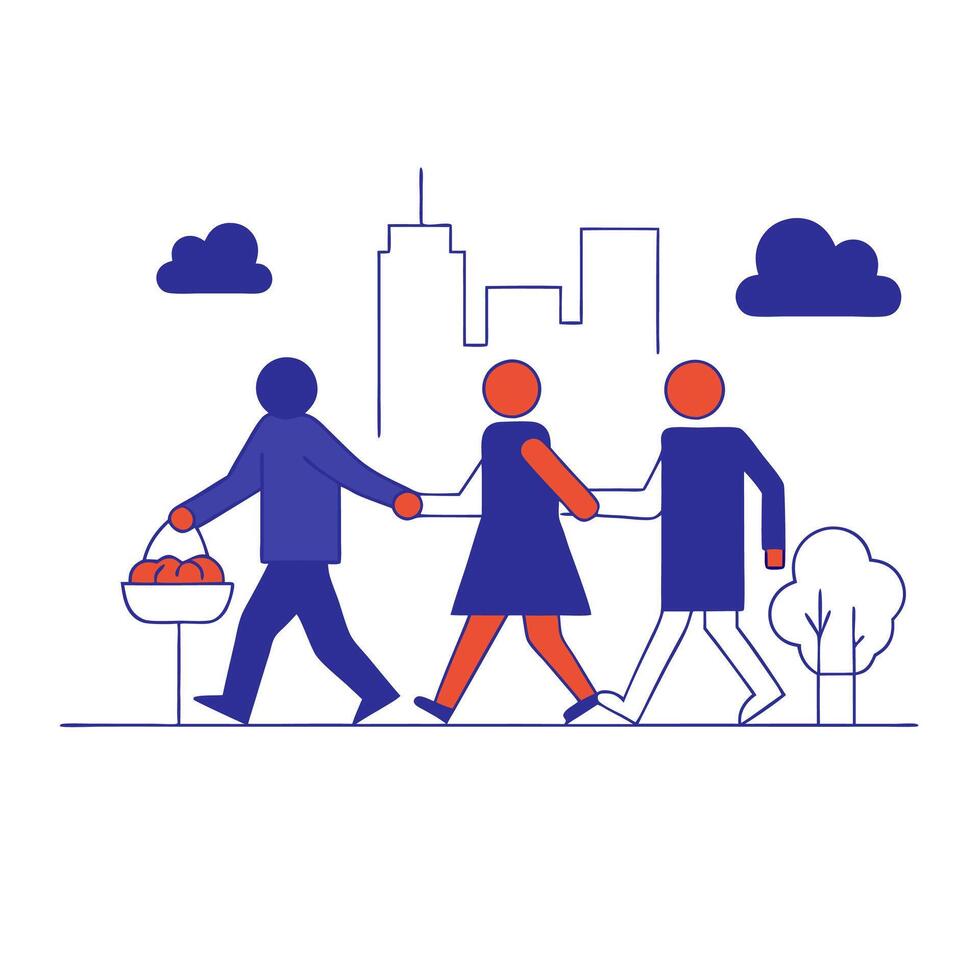 People walking in the city with a basket of apples vector