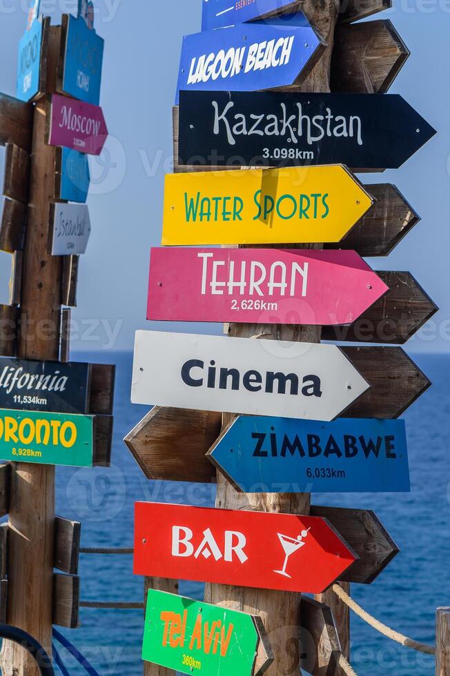 Colorful directional signs point to far-off destinations with an ocean backdrop near a vibrant beach resort during the sunny day photo