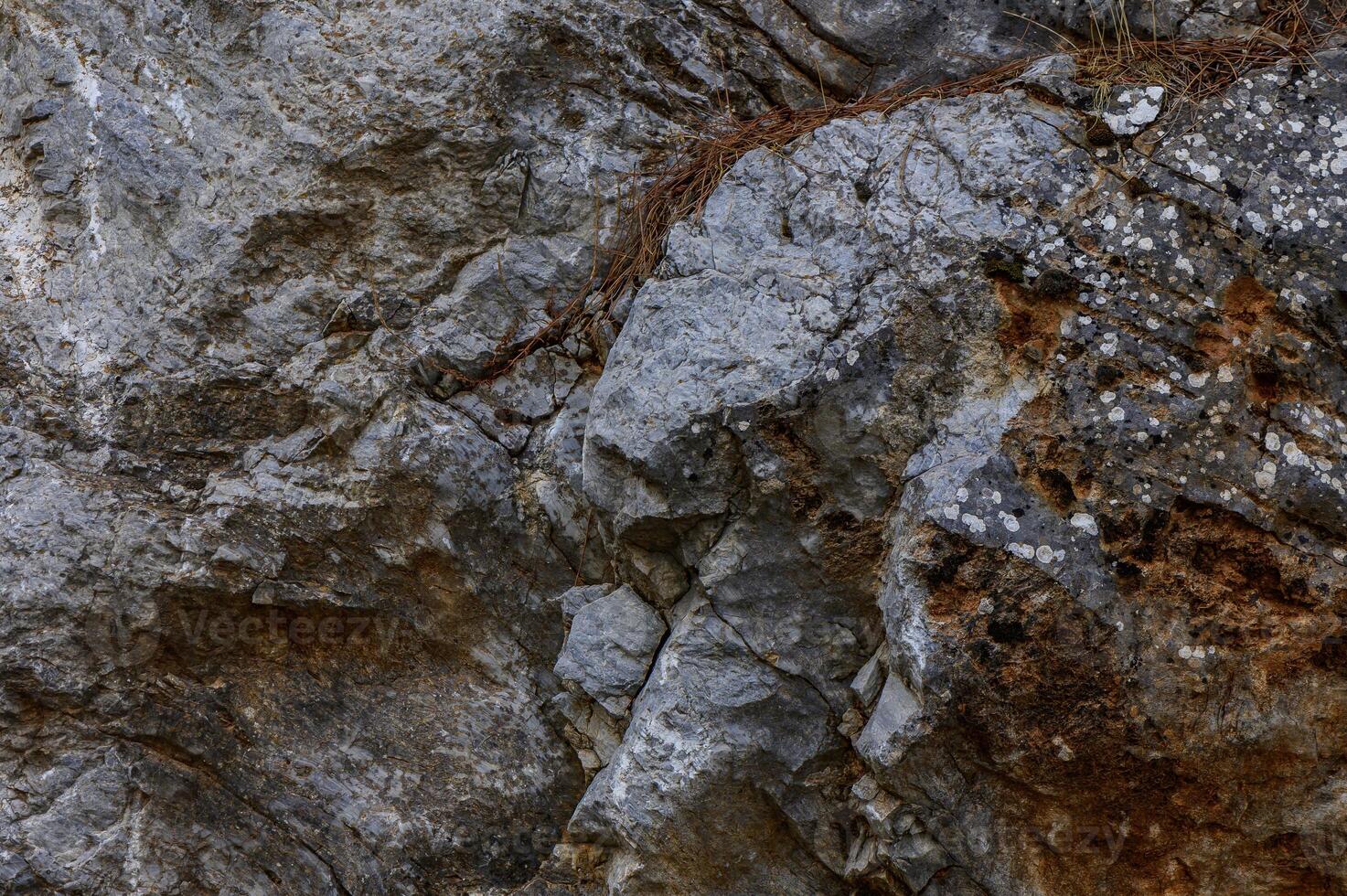 Texture of rugged limestone rocks with moss and lichen in a natural outdoor setting during daylight hours photo