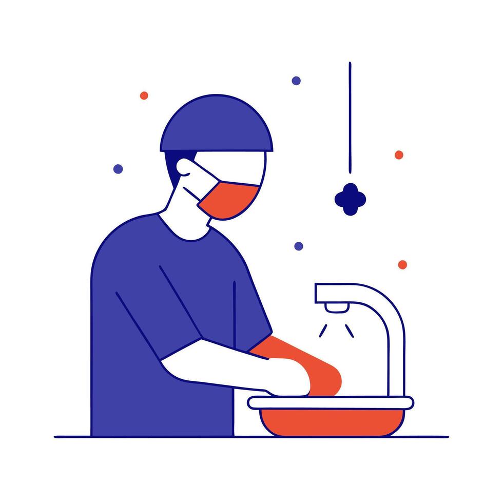 A man wearing a mask and gloves is washing his hands vector