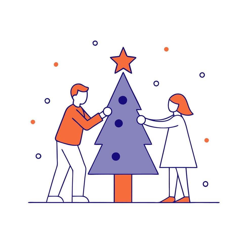 A man and woman decorating a christmas tree vector