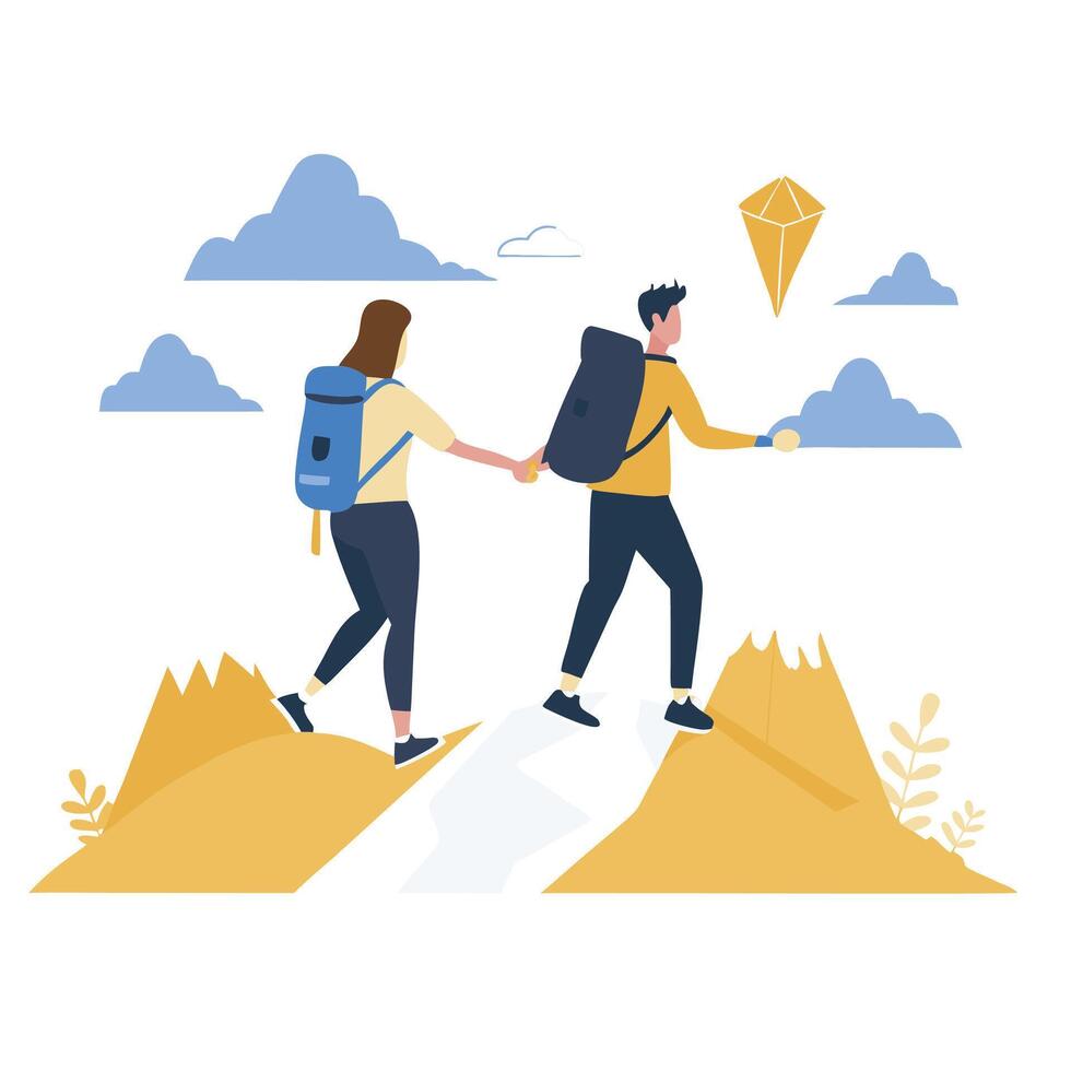 Two people with backpacks walking up a mountain vector