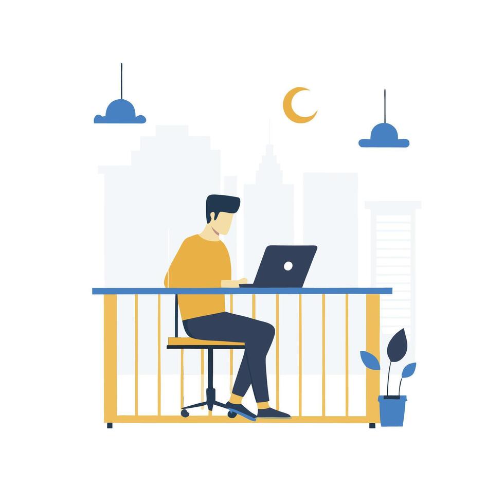 Man working on laptop in office with city skyline in background vector
